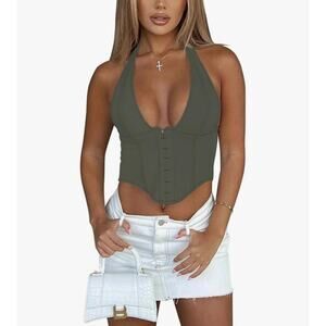 REORIA Women's Summer Sexy Halter V Neck Sleeveless Backless Size Large